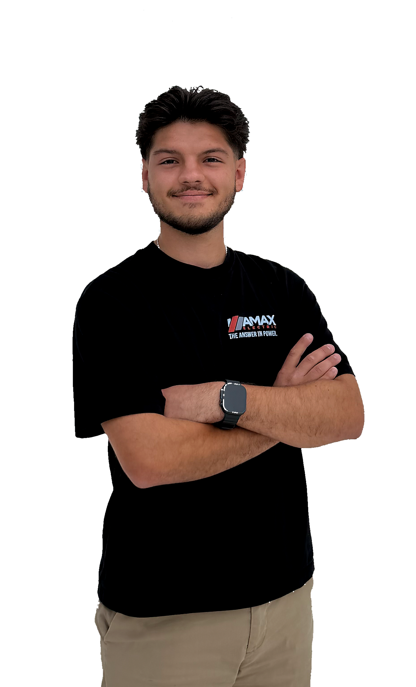 Owner of AMAX Electric wearing an AMAX work shirt